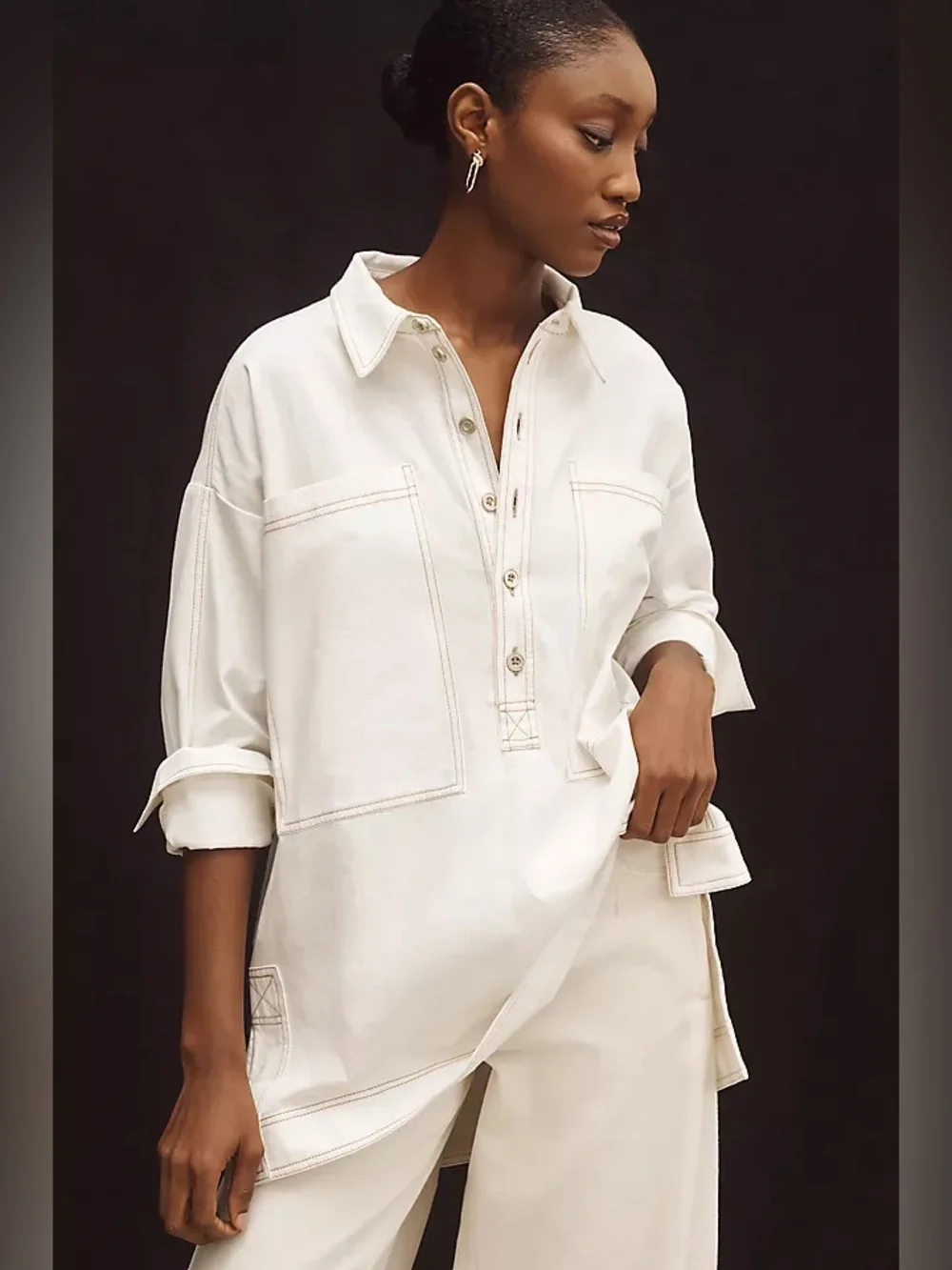 Anthropologie Pilcro Patch Pocket Collared Popover Blouse in White - Picture 1 of 9